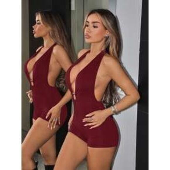 SHEIN ICON Neckline Solid Color Bodycon Sexy Backless Jumpsuit - Picture 1 of 1